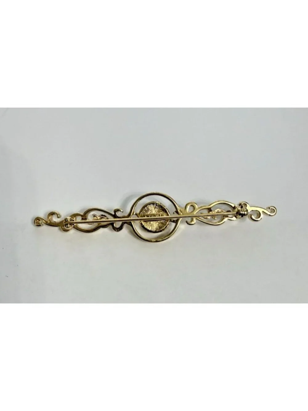 Vintage Monet Scrollwork Brooch Bar Pin Ornate Curls Gold Tone Faux Pearl Signed